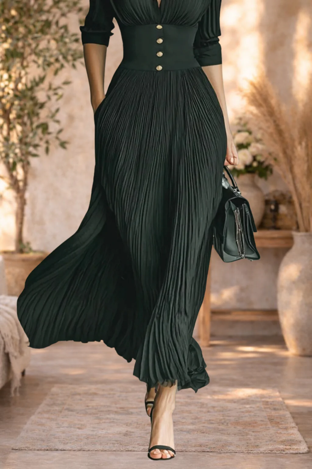 Alexandra | Pleated Button-Front Maxi Dress - Image 3