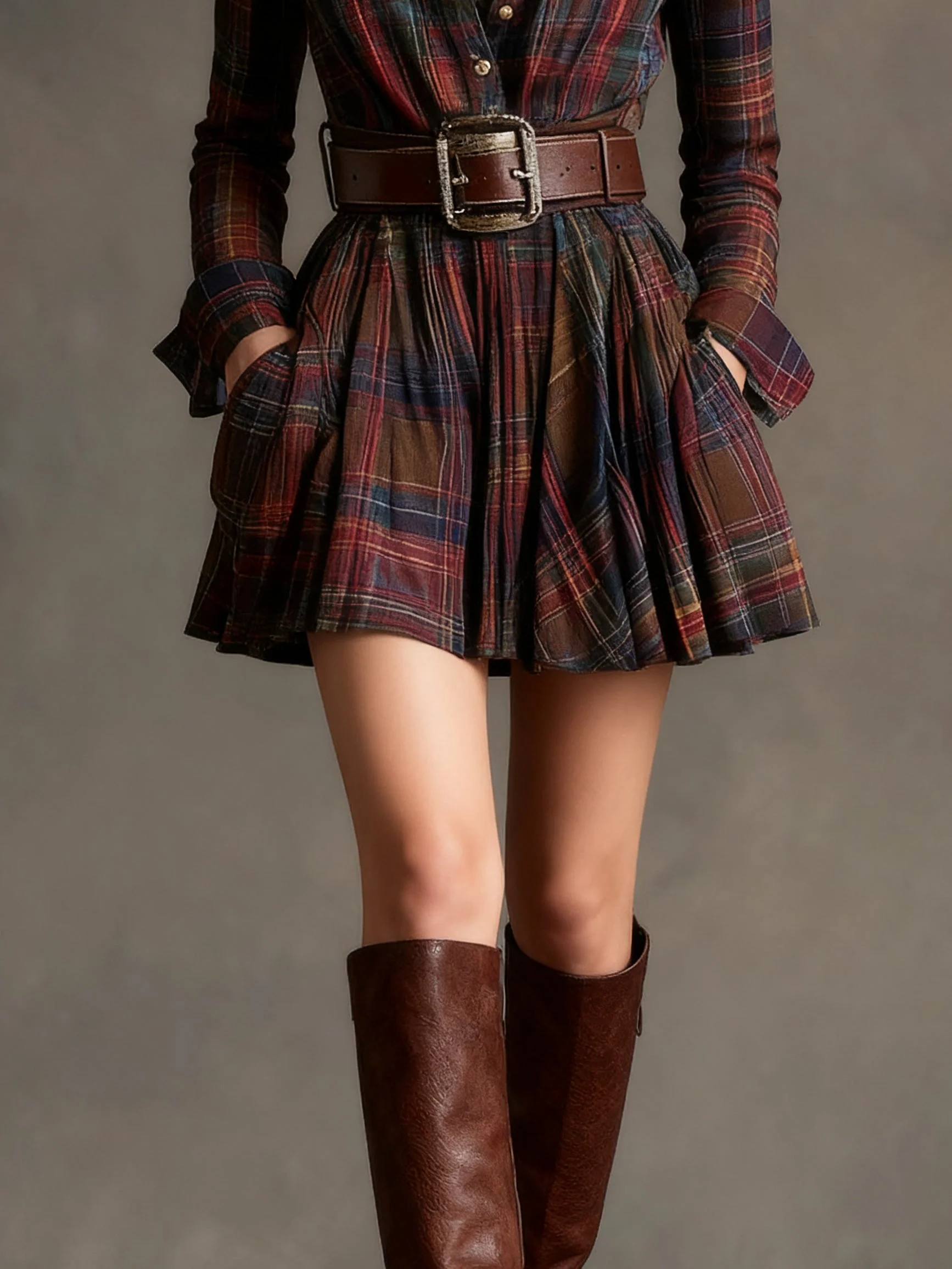 Elise | Vintage Short Dress with Red & Brown Checks and Lapel (Includes Belt) - Image 3