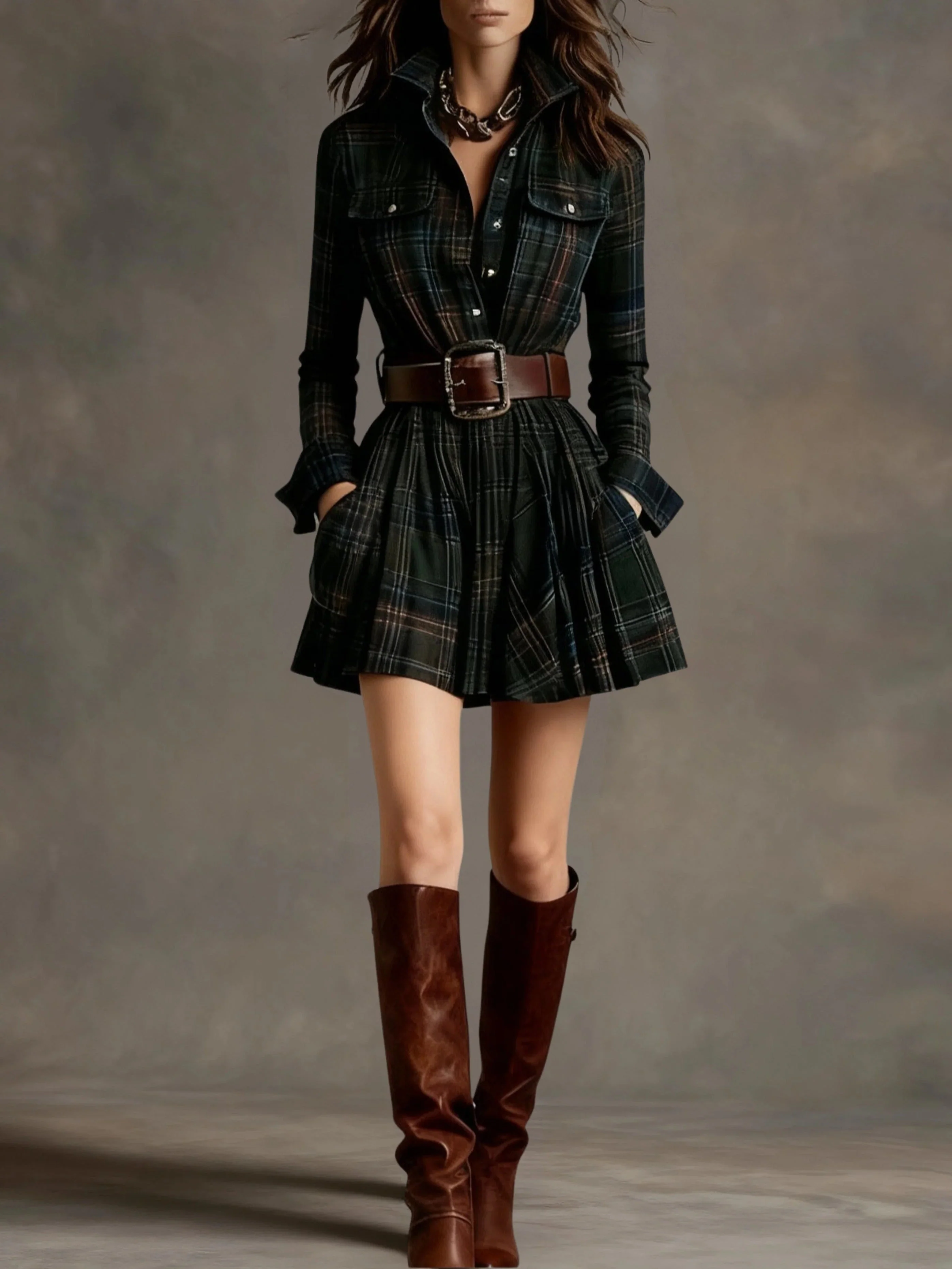Elise | Vintage Short Dress with Red & Brown Checks and Lapel (Includes Belt) - Image 4