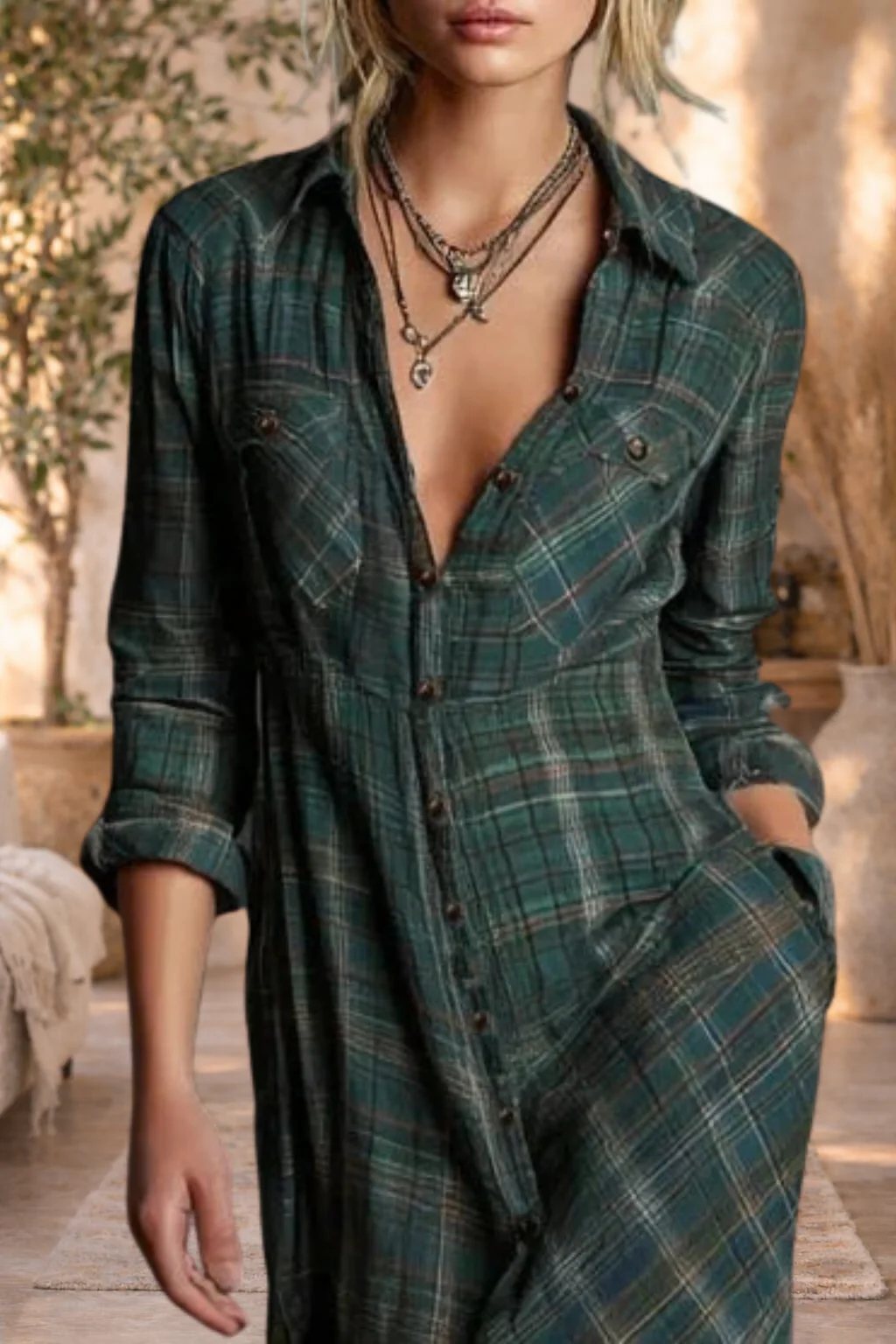 Fiona | Plaid Button-Front Long Sleeve Maxi Dress - Image 3