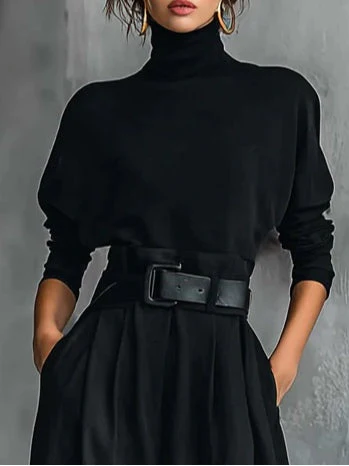 Gina | Turtleneck Long-Sleeved T-shirt and Straight-Leg Pants Two-Piece Set (Including Belt) - Image 3