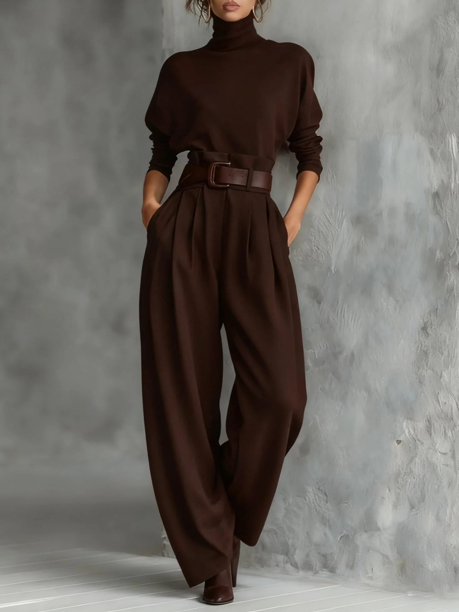 Gina | Turtleneck Long-Sleeved T-shirt and Straight-Leg Pants Two-Piece Set (Including Belt) - Image 5