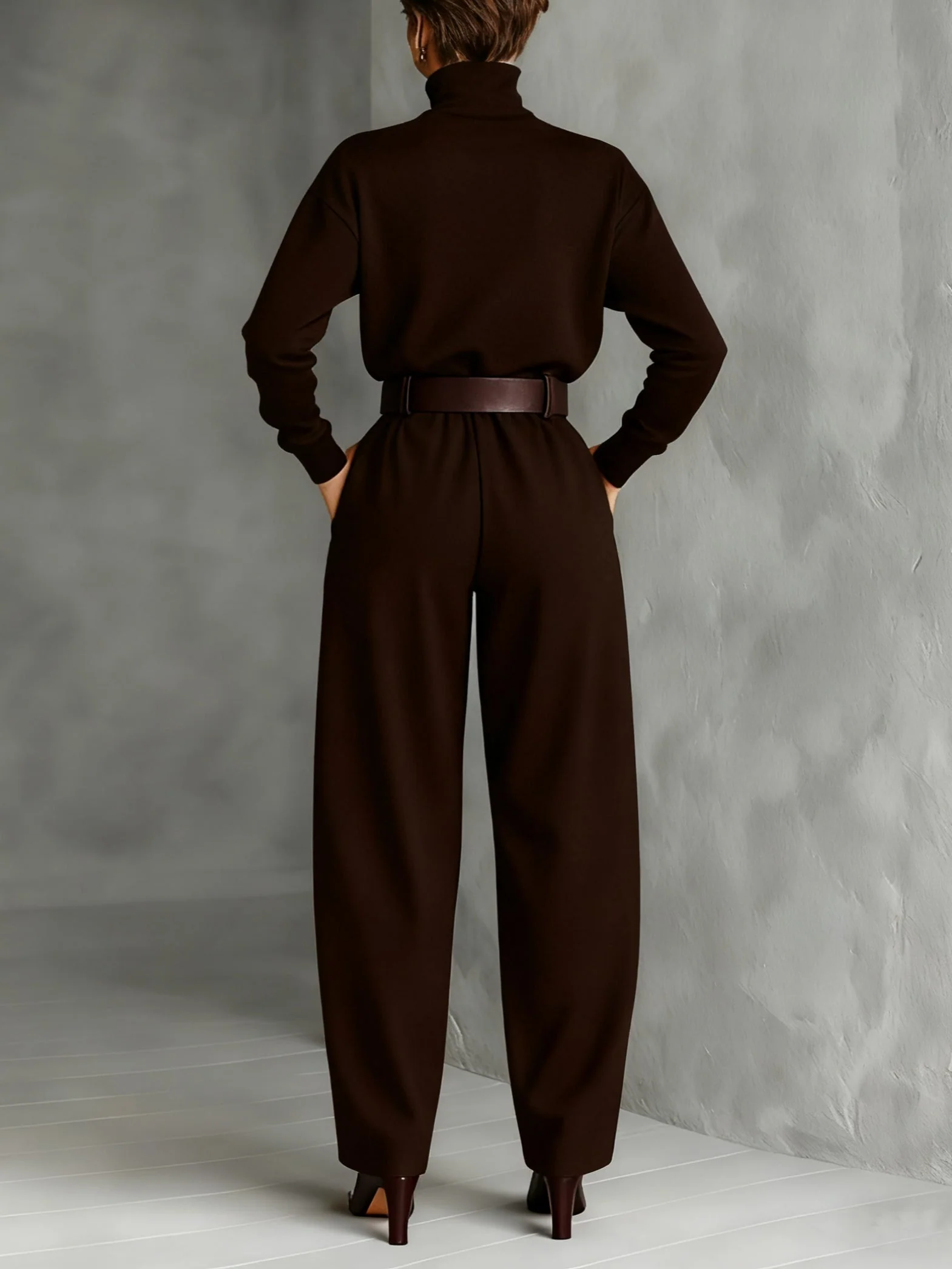 Gina | Turtleneck Long-Sleeved T-shirt and Straight-Leg Pants Two-Piece Set (Including Belt) - Image 6
