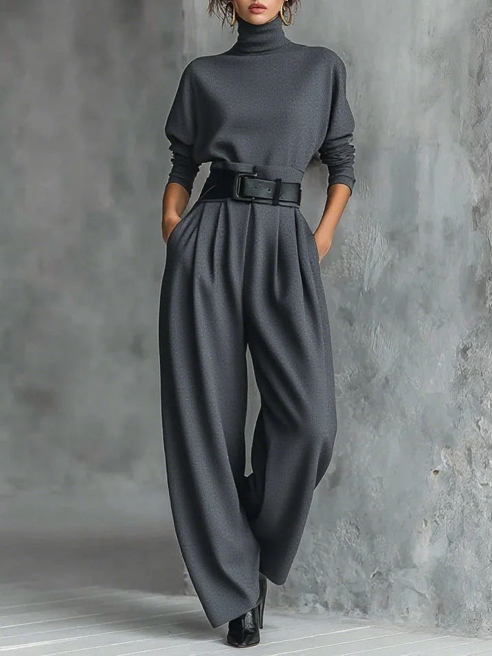 Gina | Turtleneck Long-Sleeved T-shirt and Straight-Leg Pants Two-Piece Set (Including Belt) - Image 7