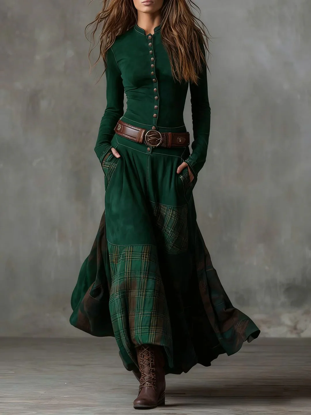 Leonora | Vintage Long Dress in Navy Blue Suede Check (Includes Belt) - Image 3