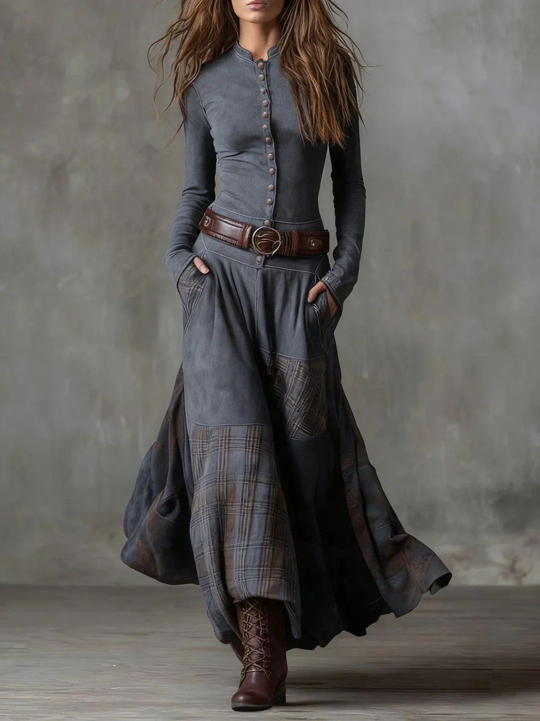 Leonora | Vintage Long Dress in Navy Blue Suede Check (Includes Belt) - Image 4