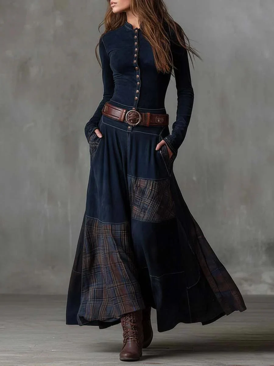 Leonora | Vintage Long Dress in Navy Blue Suede Check (Includes Belt) - Image 5