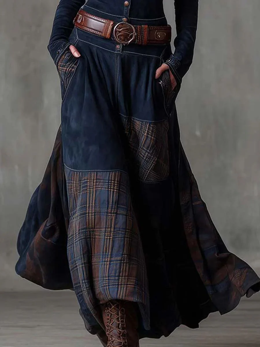 Leonora | Vintage Long Dress in Navy Blue Suede Check (Includes Belt) - Image 8