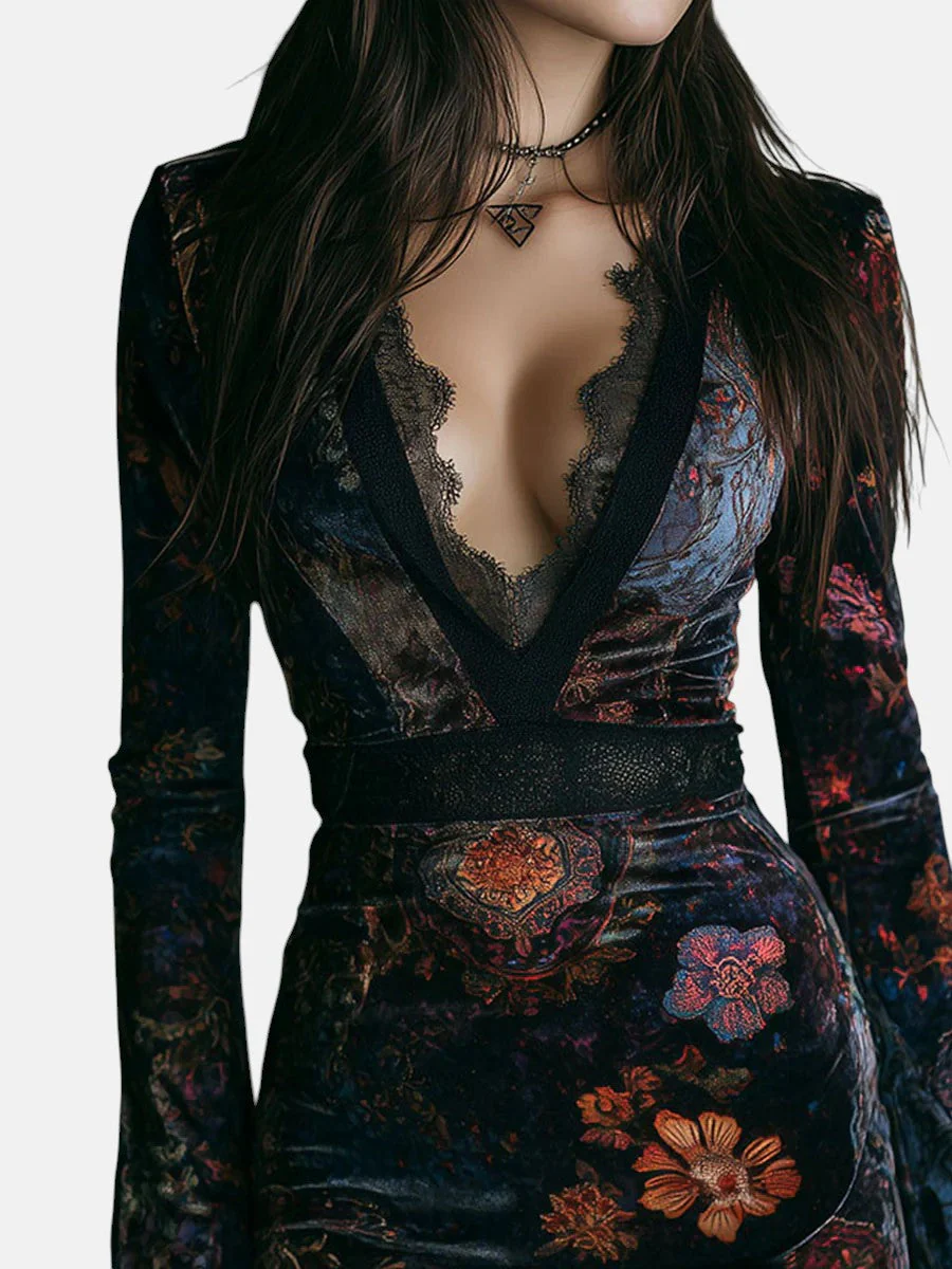 Liora ❘ Mini Velvet Floral Dress with Lace - Image 3