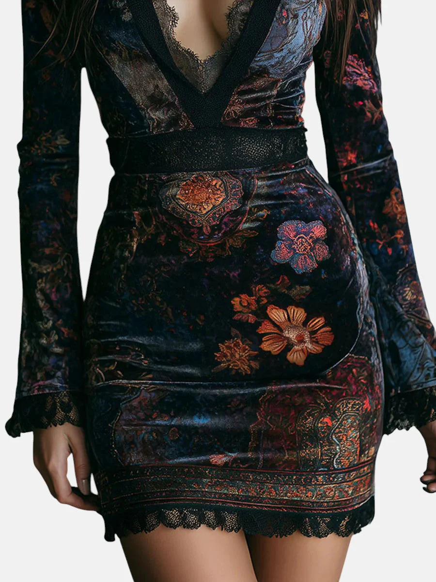 Liora ❘ Mini Velvet Floral Dress with Lace - Image 4