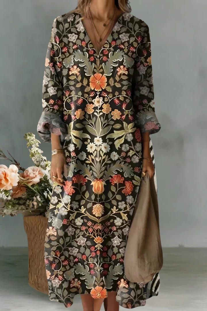 Thea | Linen V-Neck Long Sleeve Dress