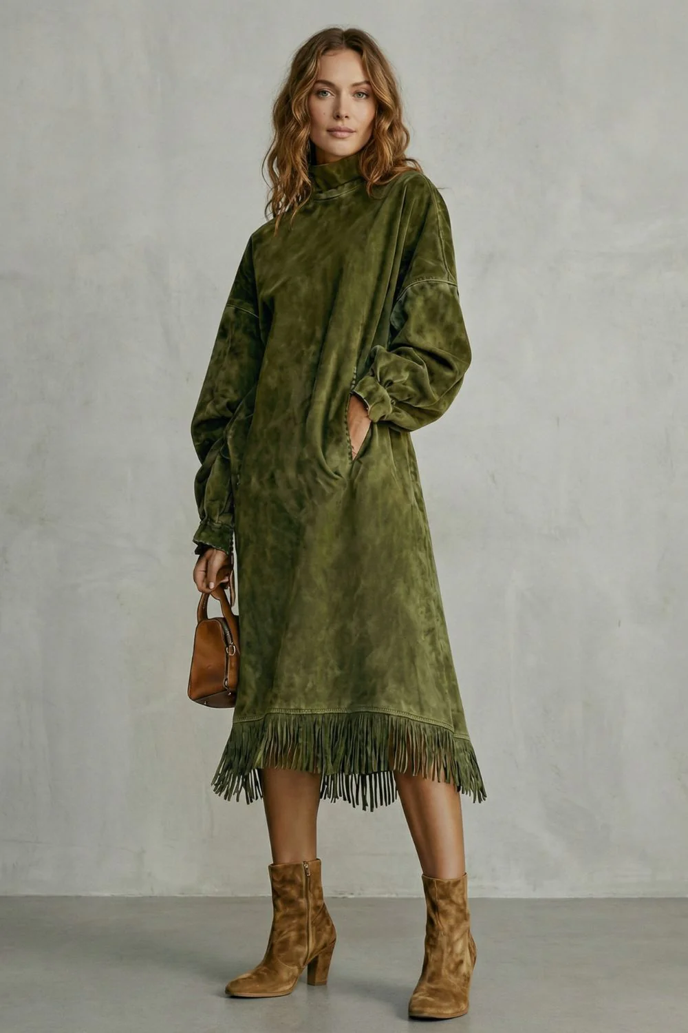 Valdrina – Suede fringe detail – Midi turtleneck dress - Image 2