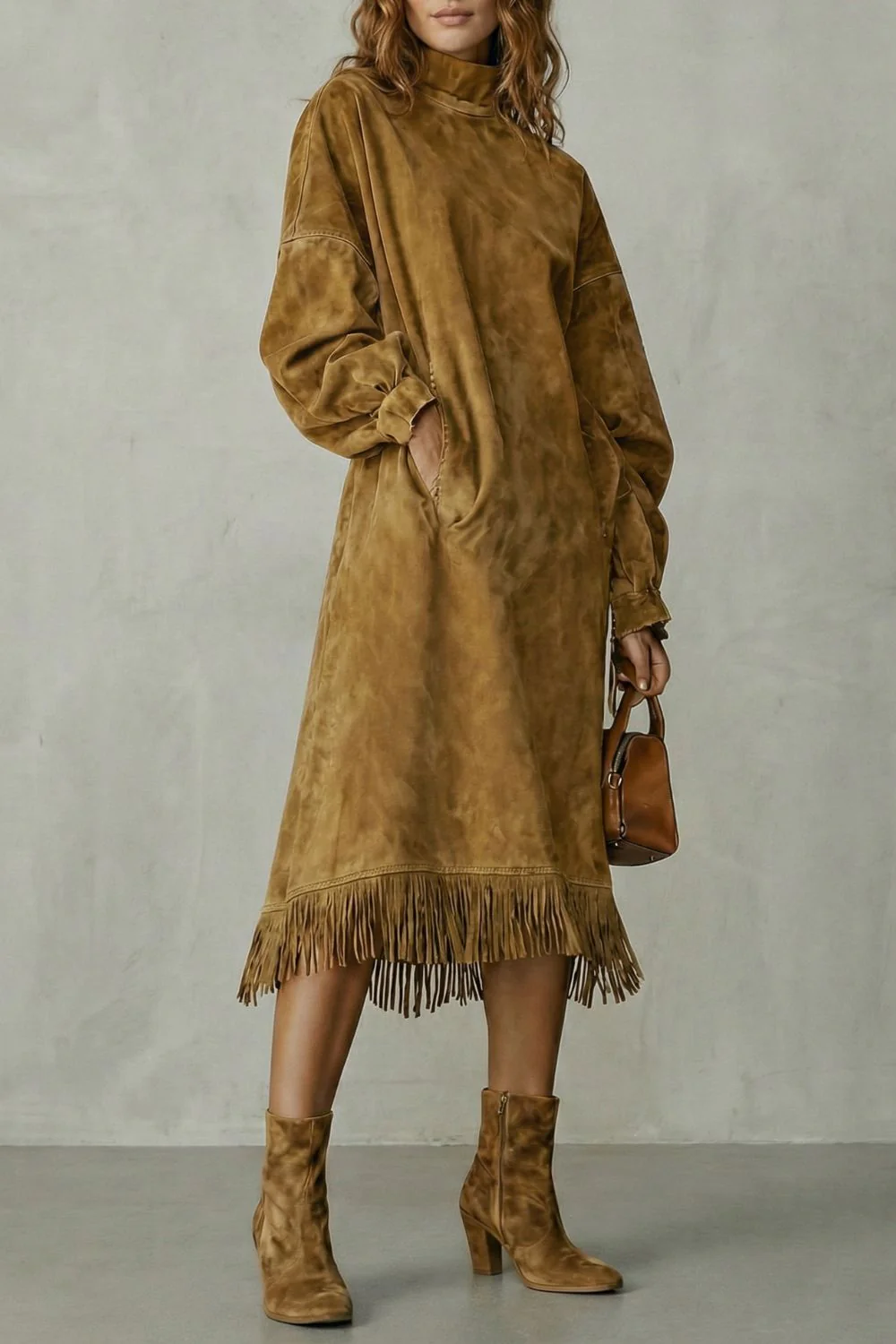 Valdrina – Suede fringe detail – Midi turtleneck dress - Image 6
