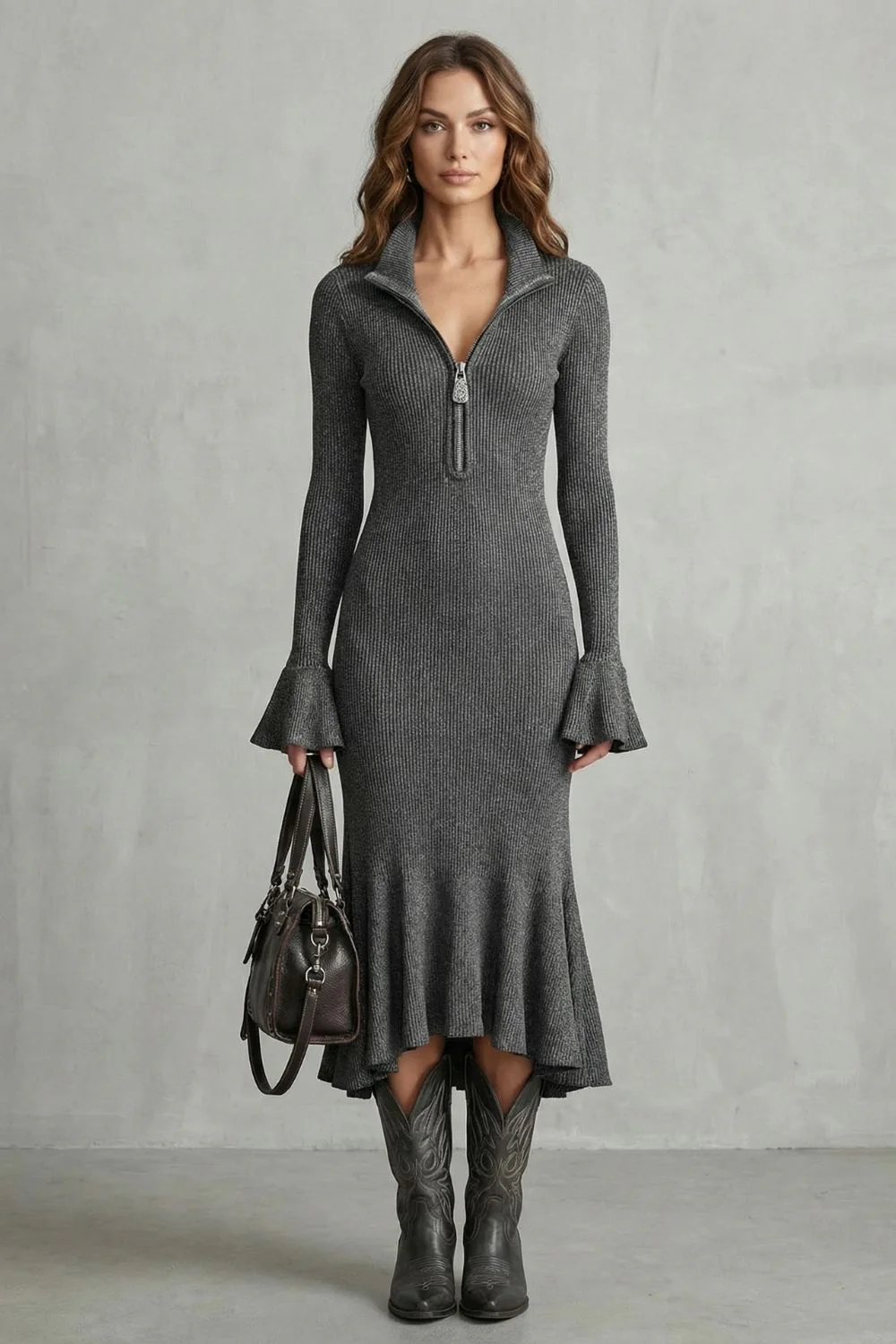 Veloria – Flared cuff elegance – Zip midi dress - Image 2