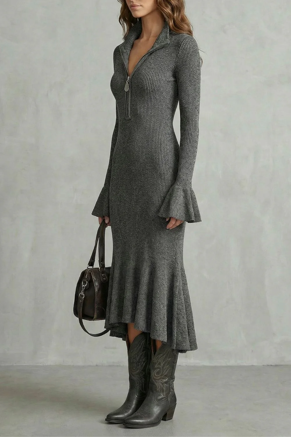 Veloria – Flared cuff elegance – Zip midi dress - Image 3