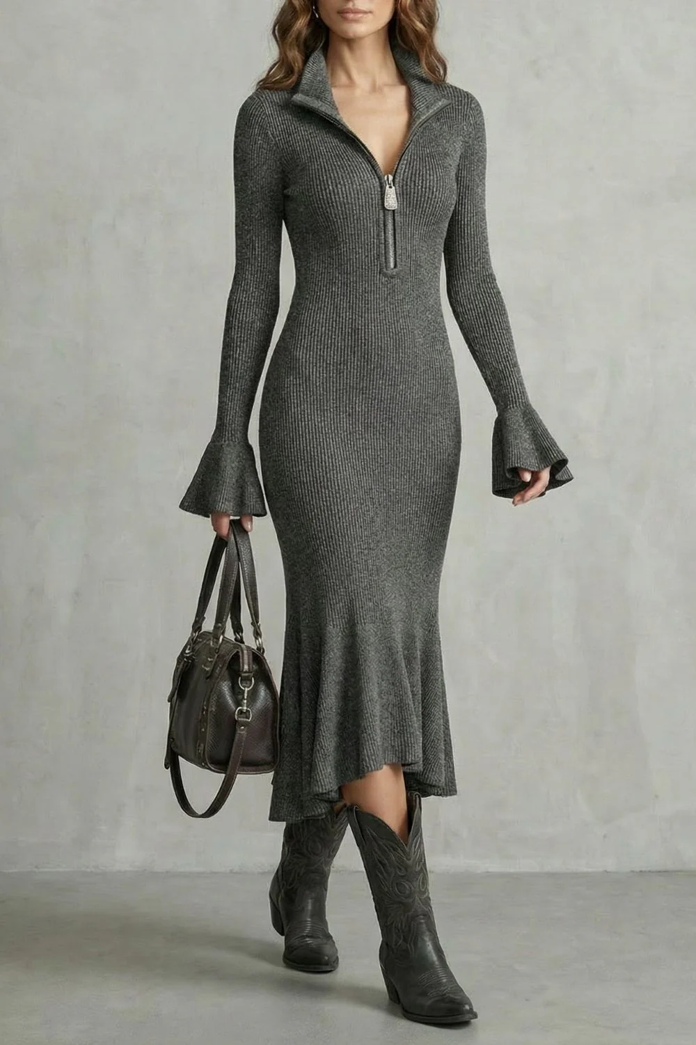 Veloria – Flared cuff elegance – Zip midi dress - Image 5