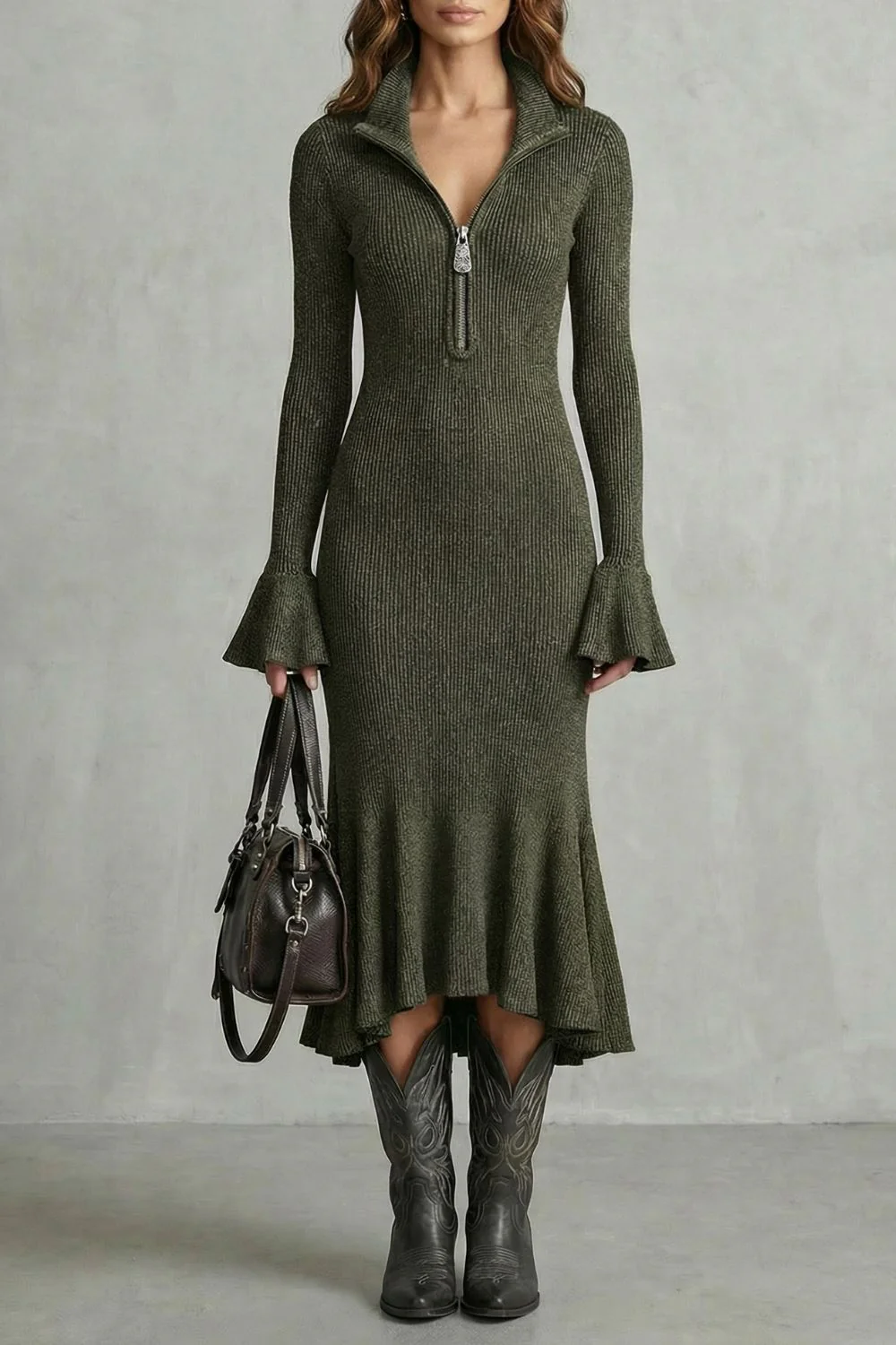 Veloria – Flared cuff elegance – Zip midi dress - Image 8